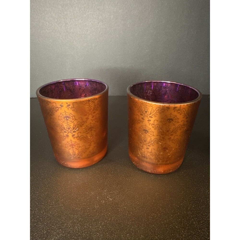 Yankee Candle Halloween Orange Glass Votive Holder Pair 2012 Spiderweb‎ Skull